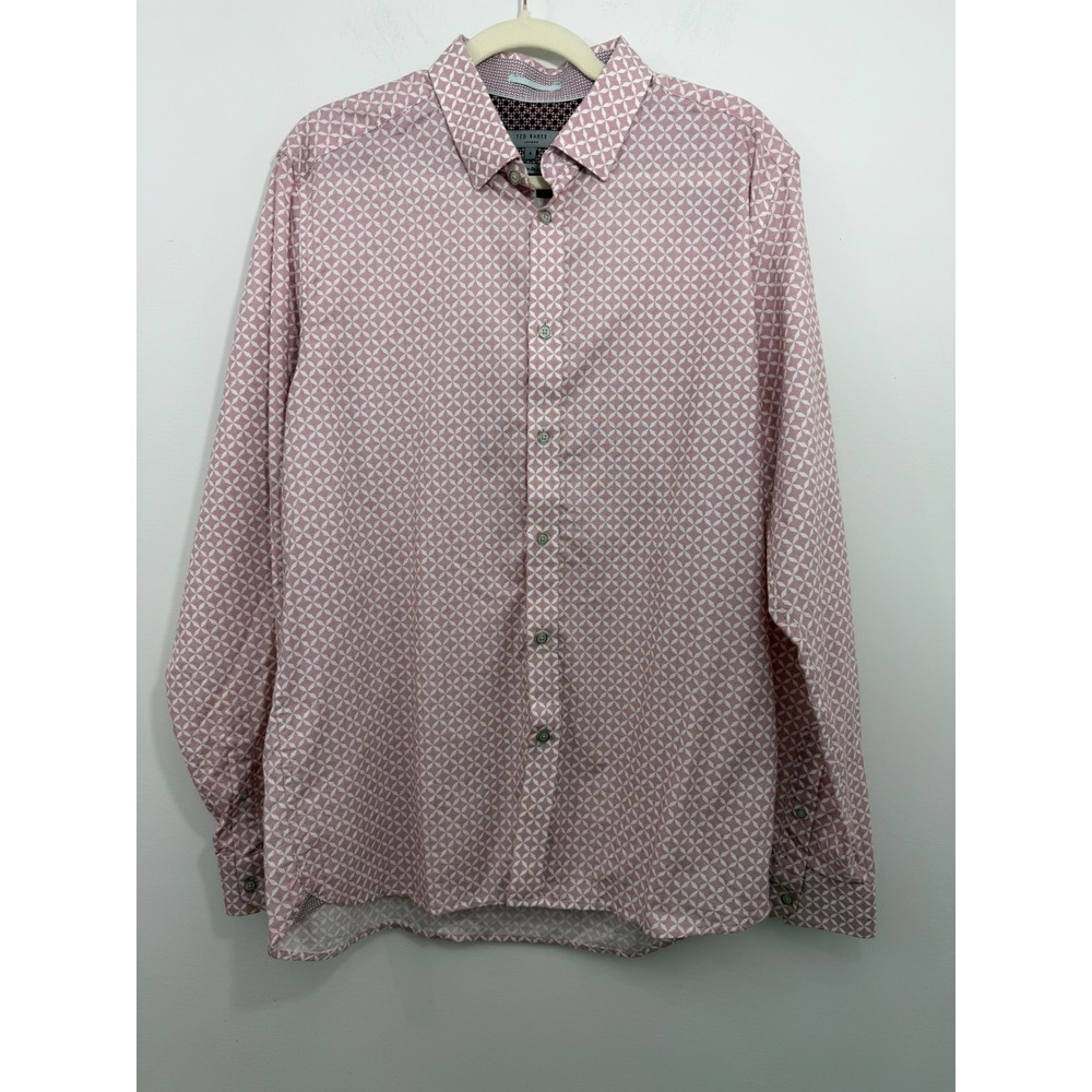 Ted Baker London Mens Geometric Diamond Print Button Down Shirt Pink Size 5 XL